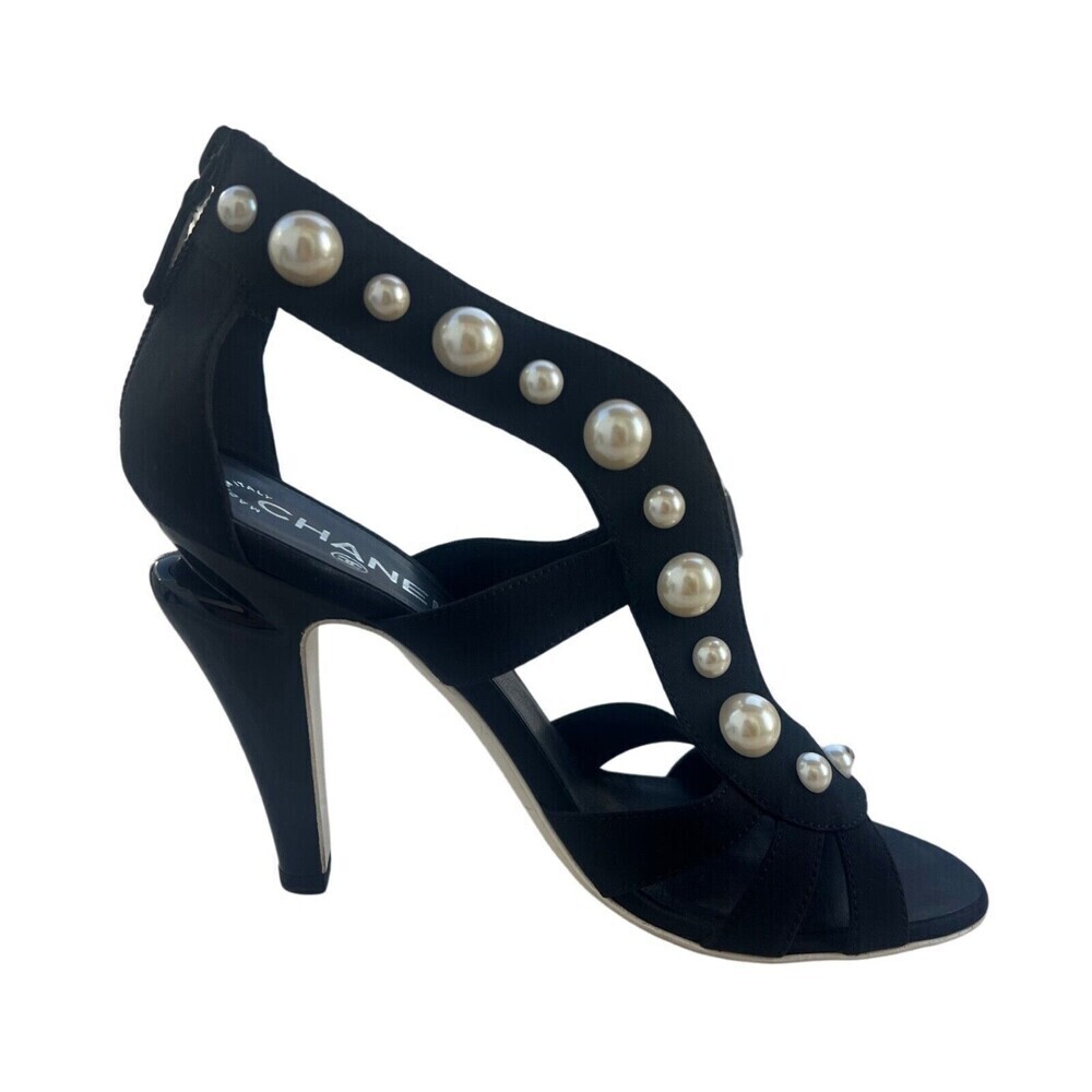 Chanel Black Strap Pearl Embellished Heels